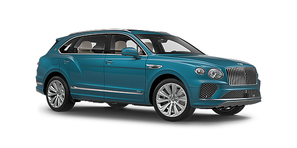 Bentley Dalian Bentayga Extended Wheelbase Azure luxury SUV front three quarter in Topaz Blue by Mulliner paint